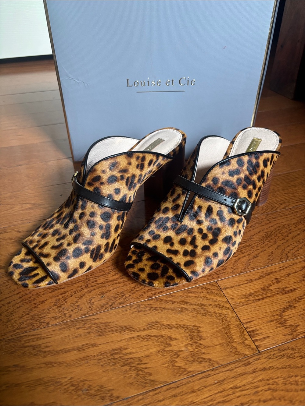Louise et Cie Leopard-Print Open-Toe Mule with Black Buckle Strap